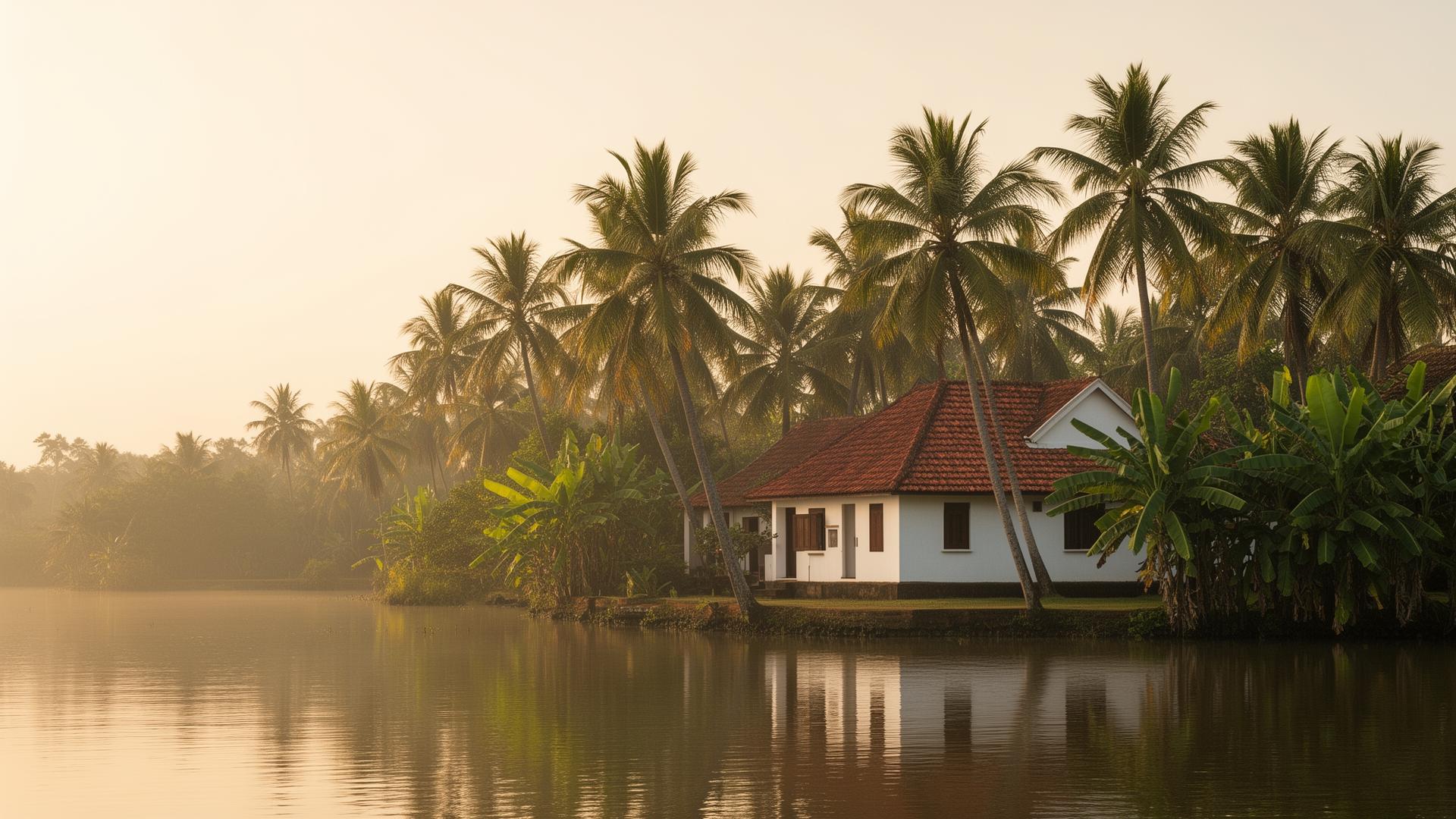 Serene Kerala backwaters with traditional architecture at dawn